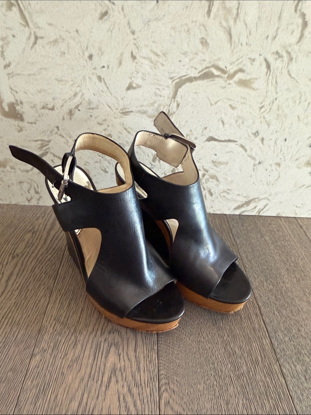 Michael Kors Women’s Black Leather Platform Slingback Sandals
